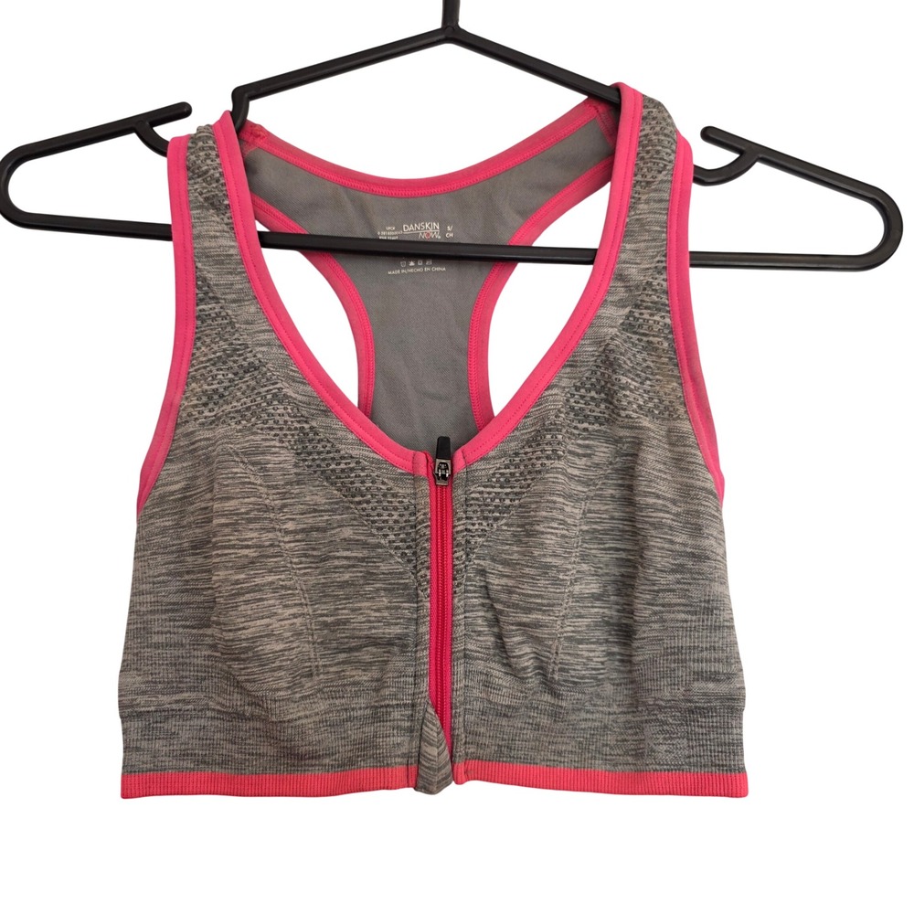 Danskin Now Womens Gray Pink Front Zip Racerback Sports Bra Size‎ Small